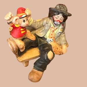 Emmett Kelly Jr EKJ Clown w Monkey Figurine Flambro Signed Bench Vintage